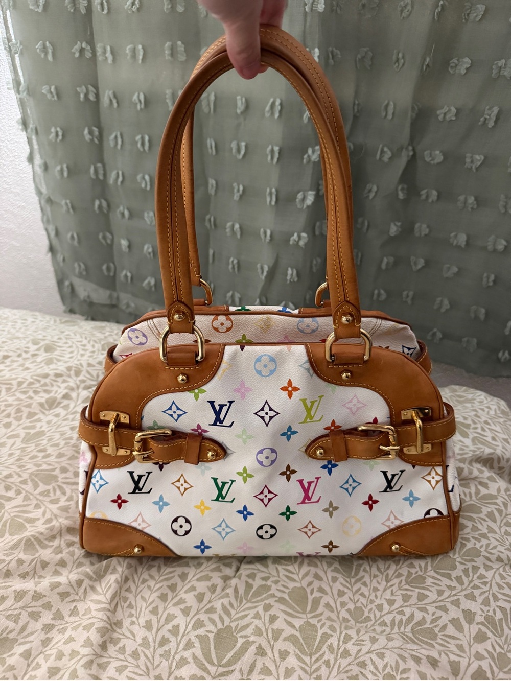 Louis Vuitton White Multicolor Monogram Canvas Shoulder Bag with Tan Trim
